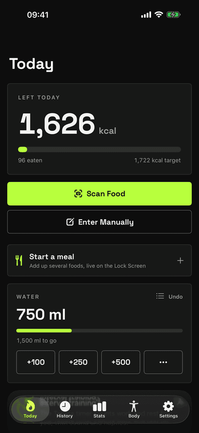 Today screen with calories left and the water card